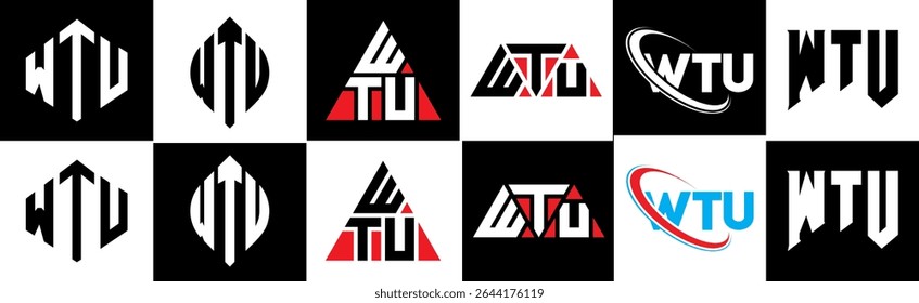 WTU letter logo design in six style. WTU polygon, circle, triangle, hexagon, flat and simple style with black and white color variation letter logo set in one artboard. WTU minimalist and classic logo