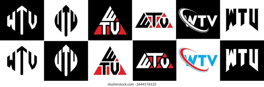 WTV letter logo design in six style. WTV polygon, circle, triangle, hexagon, flat and simple style with black and white color variation letter logo set in one artboard. WTV minimalist and classic logo