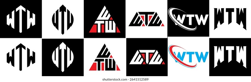 WTW letter logo design in six style. WTW polygon, circle, triangle, hexagon, flat and simple style with black and white color variation letter logo set in one artboard. WTW minimalist and classic logo