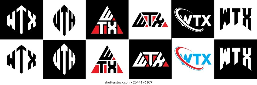 WTX letter logo design in six style. WTX polygon, circle, triangle, hexagon, flat and simple style with black and white color variation letter logo set in one artboard. WTX minimalist and classic logo