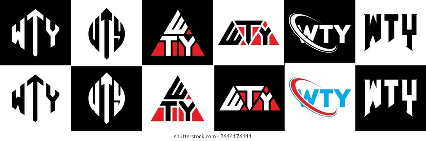 WTY letter logo design in six style. WTY polygon, circle, triangle, hexagon, flat and simple style with black and white color variation letter logo set in one artboard. WTY minimalist and classic logo