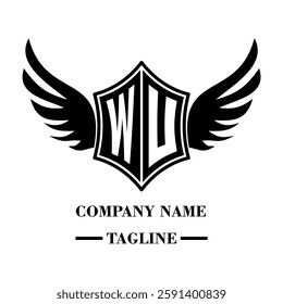 WU bold shield logo with wings, customizable with letters A to Z. Perfect for brands seeking a powerful symbol of strength, freedom, and ambition
