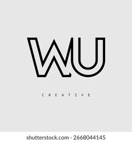 Logotipo de letra creativa de WU: monograma de línea mínima en negro para un diseño de identidad de marca moderno.