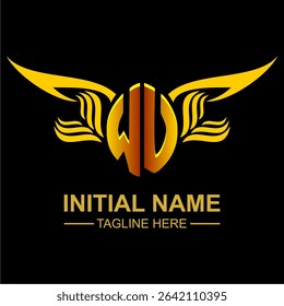 WU Golden Wing Emblem Logo with elegant gold wings, sleek and modern design. Ideal for branding, creative projects, luxury businesses, or artistic ventures.