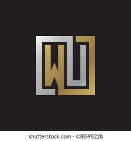 WU initial letters looping linked square elegant logo golden silver black background