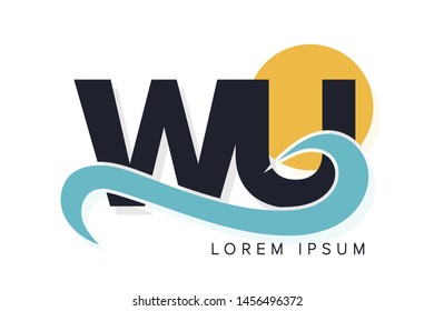 WU letter logo with ocean waves and sunset. Beach concept design