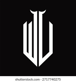 Monograma do logotipo WU com forma de chifre isolado modelo de design preto e branco sobre fundo preto