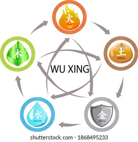 WU XING is actually translated as the ‘the five types of Chi dominating in different times’. The Wu XING consists of five elements in the Chinese order: FIRE, EARTH, METAL, WOOD, WATER.