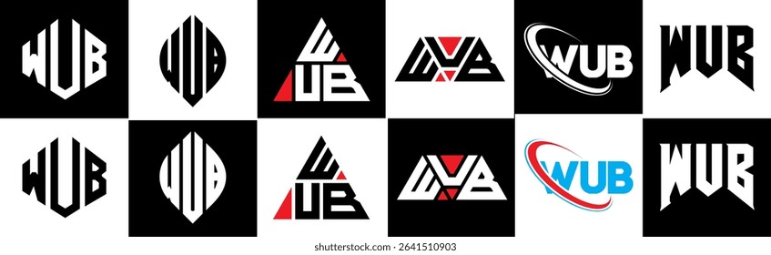 WUB letter logo design in six style. WUB polygon, circle, triangle, hexagon, flat and simple style with black and white color variation letter logo set in one artboard. WUB minimalist and classic logo