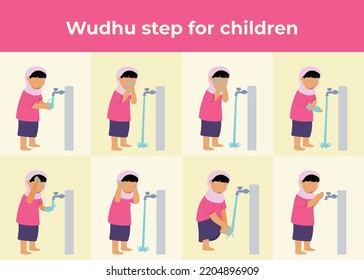 Wudhu Steps For Muslim Girls Children Set Vector Illustration