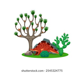 Wuerhosaurus jurassic dinosaur animal character and prehistoric forest tree. Cute dino vector personage with jungle forest tree and cactus nature landscape. Cartoon prehistoric stegosaurid dinosaur