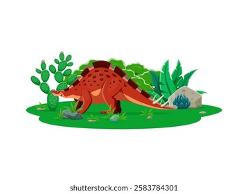 Wuerhosaurus prehistoric dinosaur character. Isolated cartoon vector genus of stegosaurian herbivore dino lizard standing beside cacti plants in a Early Cretaceous period prehistoric nature landscape