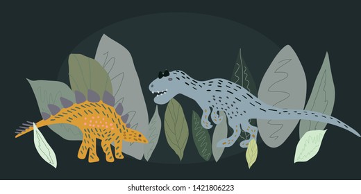 Wuerhosaurushand and trex  illustration on black background Cartoon characters isolated design element. T-shirt, poster, vector, greeting card vector design. Vector