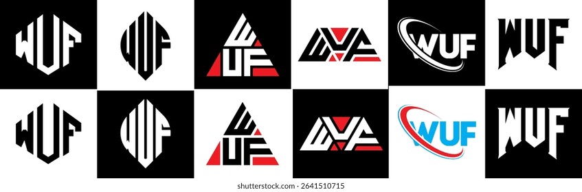 WUF letter logo design in six style. WUF polygon, circle, triangle, hexagon, flat and simple style with black and white color variation letter logo set in one artboard. WUF minimalist and classic logo