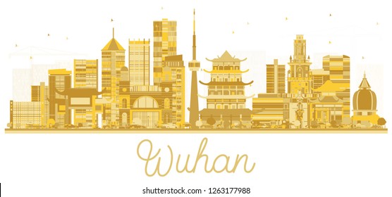 Wuhan China City Skyline Silhouette with Golden Buildings Isolated on White. Vector Illustration. Business Travel and Tourism Concept with Modern Architecture. Wuhan Cityscape with Landmarks.