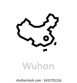 Wuhan, China Map icon vector editable line.