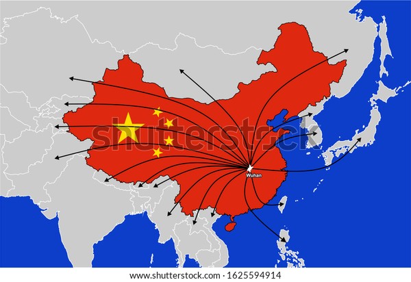 Wuhan city located in China. The City where the Coronavirus outbreak spread in China. Countries where the virus has spread. Coronavirus Map.