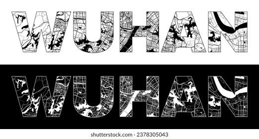 Wuhan City Name (China, Asia) with black white city map illustration vector