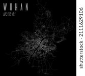 Wuhan city vector map poster. China municipality square linear street map, administrative municipal area, white lines on black background, with title.