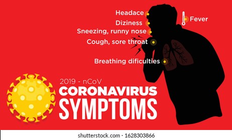wuhan corona virus outbreak strain symptoms with silhouette man on red background flat style illustration 