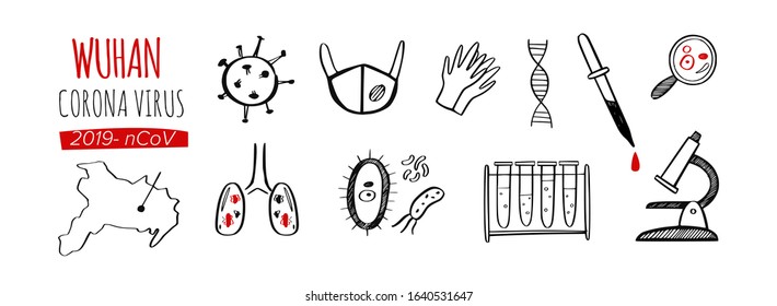 Wuhan Coronavirus 2019 vector hand drawn infographic icons set. Dangerous chinese ncov corona virus,  laboratory elements, bacteria,  medical mask, blood test, microscope