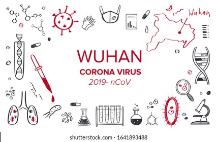 Wuhan Coronavirus 2019 vector hand drawn background, frame. Dangerous chinese ncov corona virus, different chemical research laboratory elements, bacteria,  medical mask, blood test