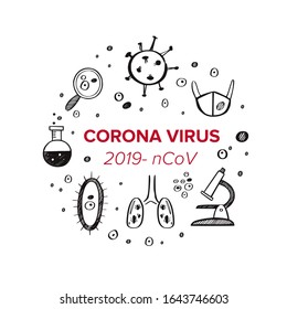 Wuhan Coronavirus 2019 vector hand drawn background, frame. Dangerous chinese ncov corona virus, different chemical research laboratory elements, bacteria,  medical mask, blood test