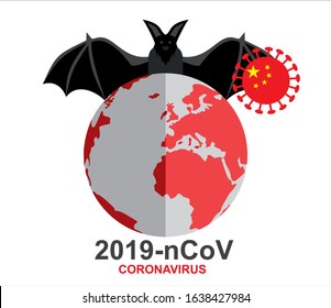 Wuhan coronavirus 2019-nCoV concept. Dangerous chinese nCoV coronavirus. Bat Disease carrier coronavirus outbreak or 2019-ncov and world map with coronavirus cell