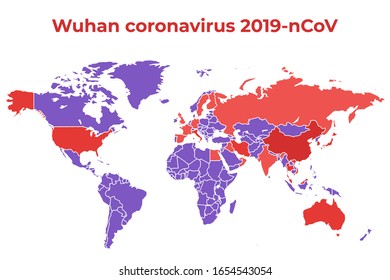 Wuhan coronavirus 2019-nCoV. February 2020. World map with countries. Countries where the virus has spread. Coronavirus Map. Vector image