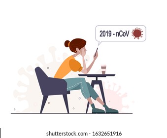 Wuhan coronavirus 2019-nCoV news concept.Dangerous chinese nCoV coronavirus, SARS pandemic risk alert. Symptoms. Chinese virus. Woman read news about coronaviridae. Vector illustration