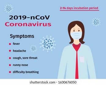 Wuhan coronavirus 2019-nCov symptoms concept. Doctor in medical face mask. Novel coronavirus outbreak in China. Global epidemic. Vector illustration.
