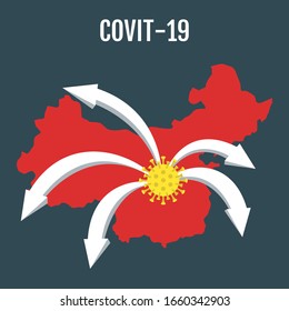 Wuhan coronavirus covit 19 related , chinese map, arrows, and bacteria dangerous for health vectors illustration in flat style