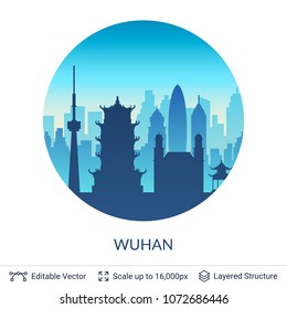 Wuhan famous China city scape. Flat well known silhouettes. Vector illustration easy to edit for flyers or web banners.