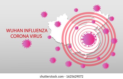 Wuhan influenza virus attack with China map background. Vector illustration