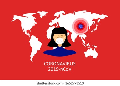 Wuhan Novel coronavirus (2019-nCoV), Chinese woman in medical face mask. Coronavirus quarantine and epidemic concept. Vector illustration.