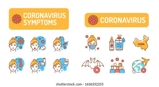 Wuhan Novel coronavirus 2019-nCoV color line icons set. Symptoms dangerous chinese virus Pictogram for web page, mobile app, promo. UI UX GUI design element. Editable stroke