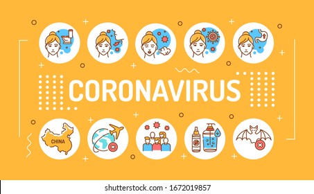 Wuhan Novel coronavirus 2019-nCoV lettering typography. Symptoms dangerous chinese virus. Infographics with linear icons on yellow background. Creative idea concept.