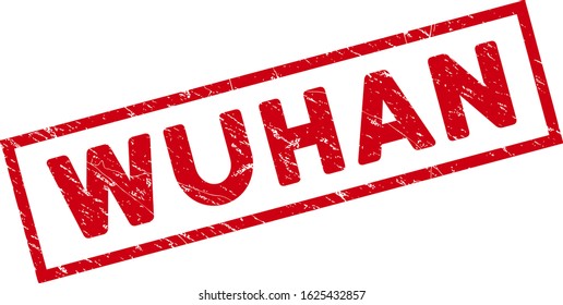 Wuhan rectangular framed seal stamp. Red vector rectangular scratched stamp imprint with Wuhan message inside rectangular frame. Useful for rubber imitations with scratched rubber texture.