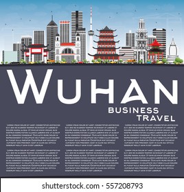 Wuhan Skyline with Gray Buildings, Blue Sky and Copy Space. Vector Illustration. Business Travel and Tourism Concept with Modern Architecture. Image for Presentation Banner Placard and Web Site.