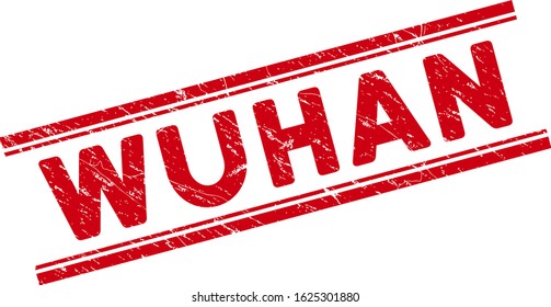 Wuhan stamp seal. Red vector scratched seal stamp with Wuhan text between double parallel lines. Useful for overlays with scratched rubber texture.