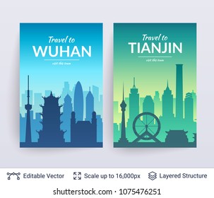 Wuhan and Tianjin famous chinese city scapes. Flat well known silhouettes. Vector illustration easy to edit for flyers or web banners.