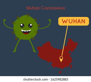 Wuhan virus disease. Monster Character wuhan coronavirus 2019-nCoV with map concept. Chinese virus. Template for background, banner, poster. Vector illustration