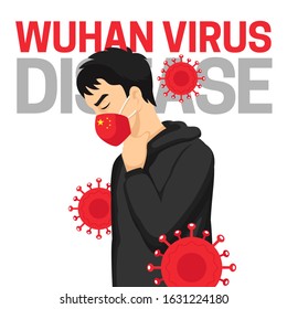 Wuhan Virus Disease poster background with man head wearing red face masker. China Novel Coronavirus Disease concept design