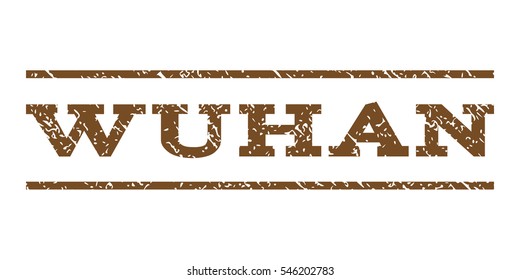 Wuhan watermark stamp. Text caption between horizontal parallel lines with grunge design style. Rubber seal stamp with dirty texture. Vector brown color ink imprint on a white background.