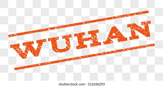 Wuhan watermark stamp. Text tag between parallel lines with grunge design style. Rubber seal stamp with dust texture. Vector orange color ink imprint on a chess transparent background.
