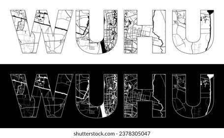 Wuhu City Name (China, Asia) with black white city map illustration vector