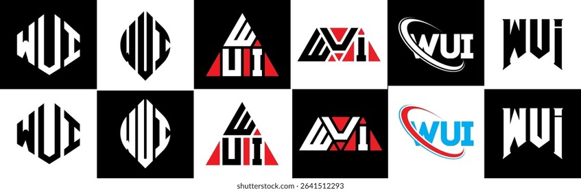 WUI letter logo design in six style. WUI polygon, circle, triangle, hexagon, flat and simple style with black and white color variation letter logo set in one artboard. WUI minimalist and classic logo