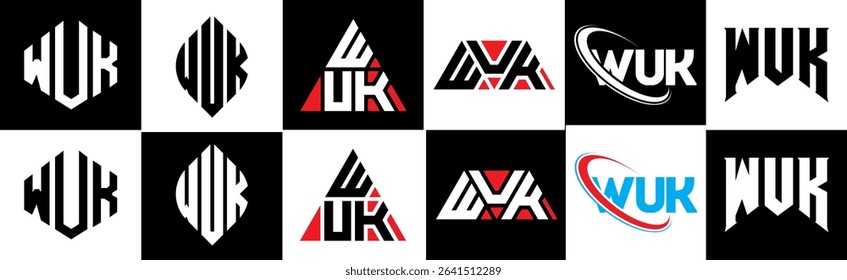 WUK letter logo design in six style. WUK polygon, circle, triangle, hexagon, flat and simple style with black and white color variation letter logo set in one artboard. WUK minimalist and classic logo