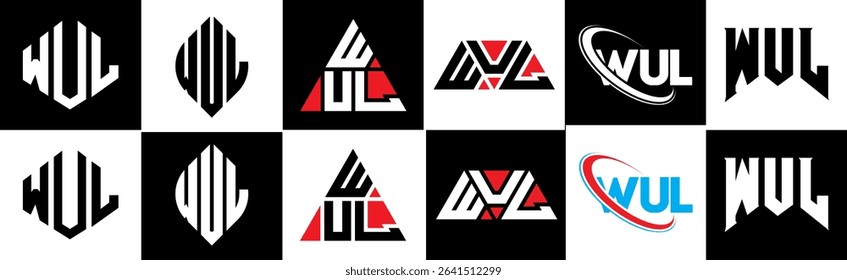 WUL letter logo design in six style. WUL polygon, circle, triangle, hexagon, flat and simple style with black and white color variation letter logo set in one artboard. WUL minimalist and classic logo