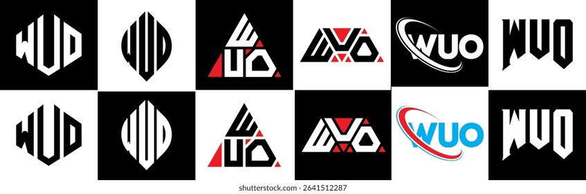 WUO letter logo design in six style. WUO polygon, circle, triangle, hexagon, flat and simple style with black and white color variation letter logo set in one artboard. WUO minimalist and classic logo